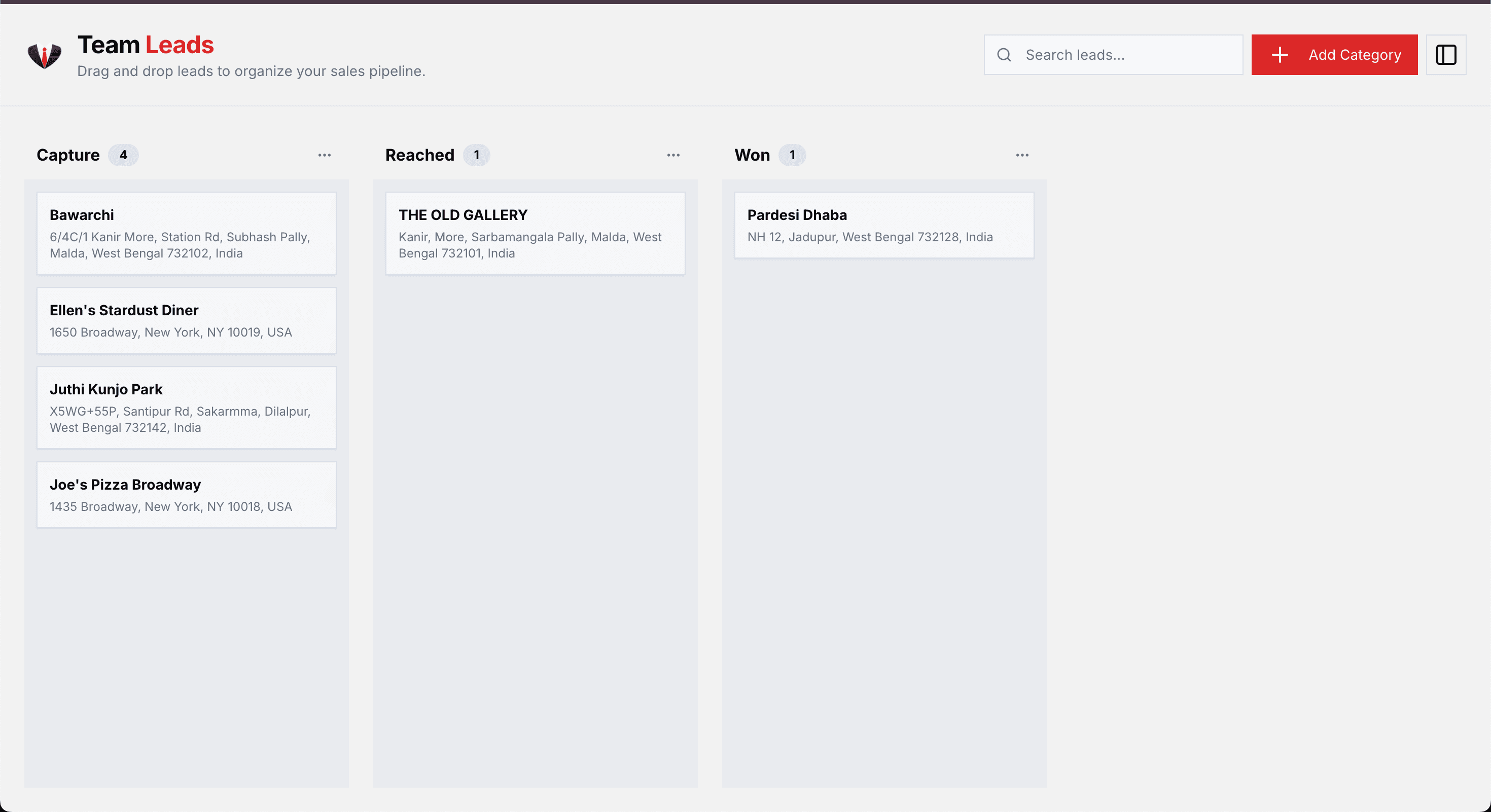 Screenshot of the leads management page
