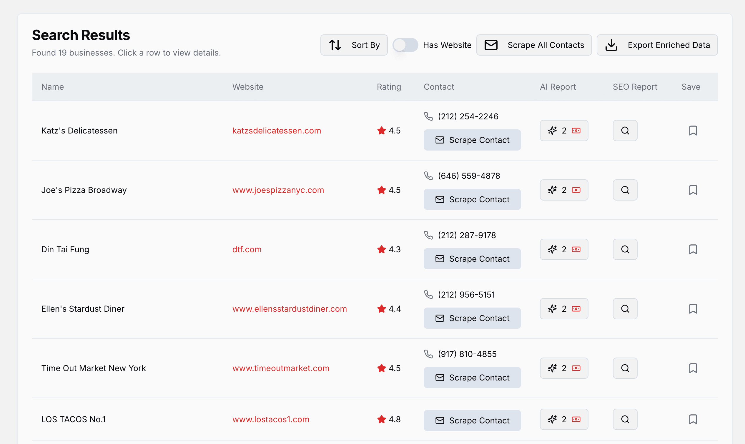 Screenshot of the search interface showing results