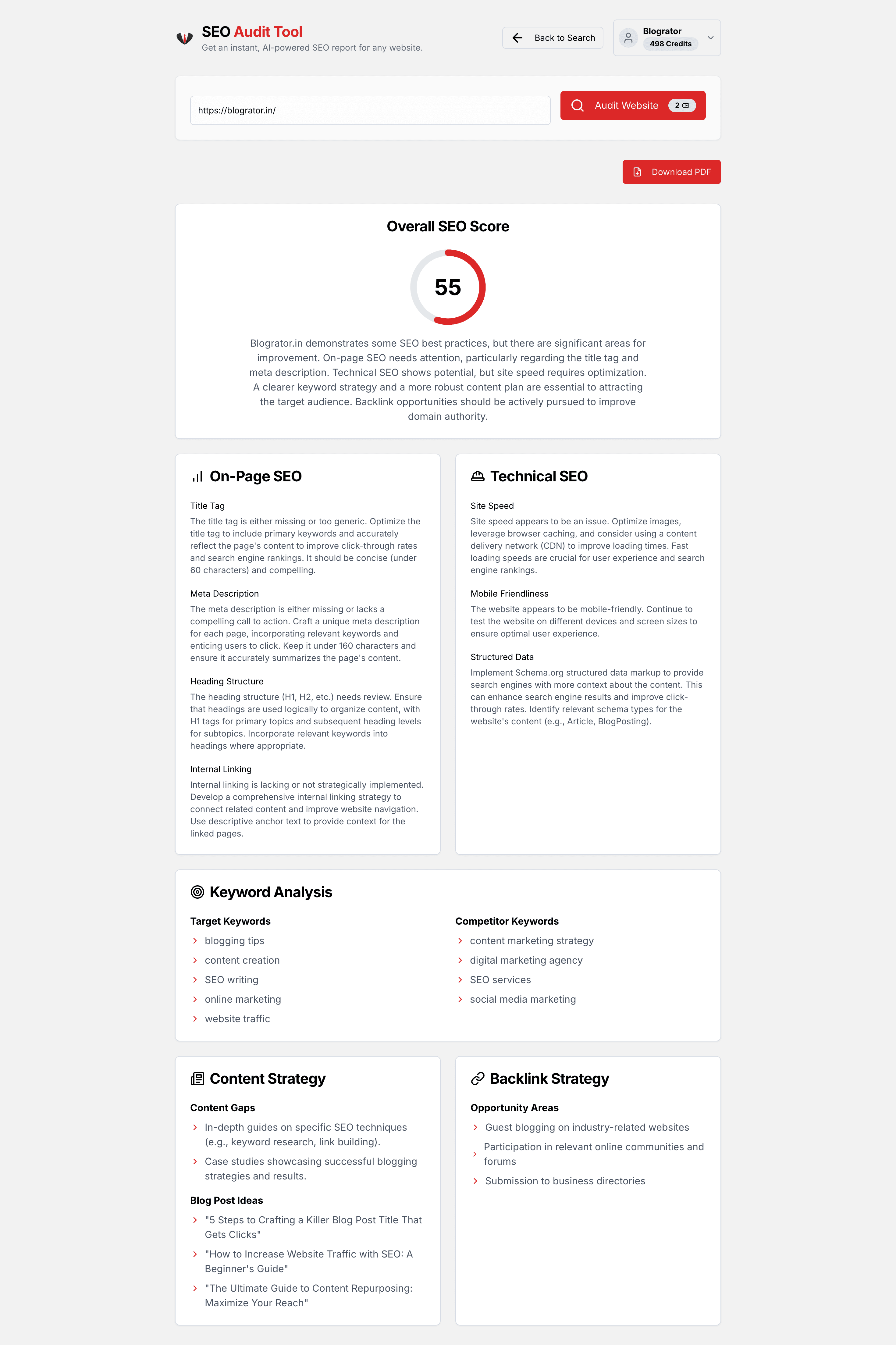 Screenshot of an AI-generated SEO report