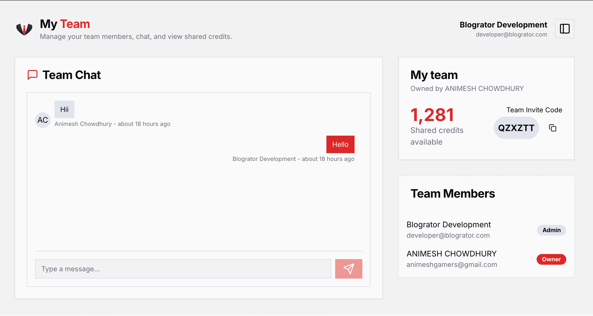 Screenshot of the team management page